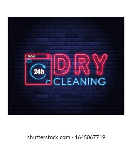 Dry cleaning service neon banner. Laundry room neon symbol on background of brick wall vector illustration. 24 hour laundromat service night neon signboard.
