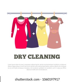 Dry cleaning service poster with women dresses hanging on hangers vector illustration with clean garment isolated white background, females apparel