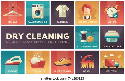 Dry cleaning - set of flat design infographics elements. High quality collection of icons. Hanger, washing machine, clothes, laundry worker, on time, shoe repairs, ironing, wet, delivery