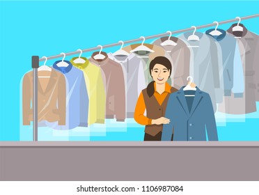 Dry Cleaning Shop Interior. Asian Girl Stands At Reception Counter And Holds Clean Jacket. Hanging Rack With Cleaned Clothes. Vector Flat Illustration. Textile Cleaner Service Conceptual Background