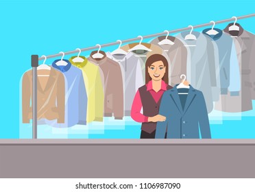 Dry Cleaning Shop Interior. Young Girl Stands At Reception Counter And Holds Clean Jacket. Hanging Rack With Cleaned Clothes. Vector Flat Illustration. Textile Cleaner Service Conceptual Background