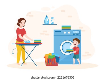 Dry Cleaning Store Service with Kid, Washing Machines, Dryers and Laundry for Clean Clothing in Flat Cartoon Hand Drawn Templates Illustration