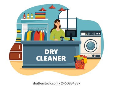 Dry Cleaning Store Service Vector Illustration with Washing Machines, Dryers and Laundry for Clean Clothing in Flat Cartoon Background Design