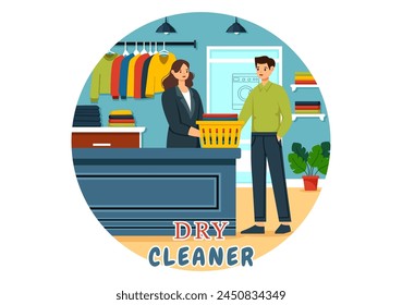Ilustración vectorial de servicio de la tienda de limpieza en seco con lavadoras, secadoras y lavandería para ropa limpia en diseño de fondo plano de dibujos animados