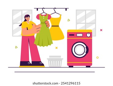 Dry Cleaning Store Service Vector Illustration featuring Washing Machines, Dryers, and Laundry Services for Clean and Fresh Clothing in a Background