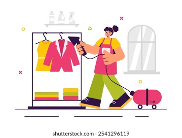 Dry Cleaning Store Service Vector Illustration featuring Washing Machines, Dryers, and Laundry Services for Clean and Fresh Clothing in a Background