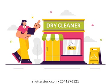 Dry Cleaning Store Service Vector Illustration featuring Washing Machines, Dryers, and Laundry Services for Clean and Fresh Clothing in a Background