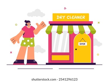 Dry Cleaning Store Service Vector Illustration featuring Washing Machines, Dryers, and Laundry Services for Clean and Fresh Clothing in a Background