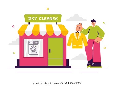 Dry Cleaning Store Service Vector Illustration featuring Washing Machines, Dryers, and Laundry Services for Clean and Fresh Clothing in a Background