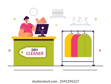 Dry Cleaning Store Service Vector Illustration featuring Washing Machines, Dryers, and Laundry Services for Clean and Fresh Clothing in a Background