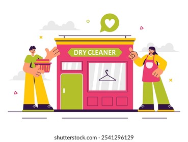 Dry Cleaning Store Service Vector Illustration featuring Washing Machines, Dryers, and Laundry Services for Clean and Fresh Clothing in a Background