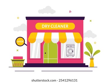 Dry Cleaning Store Service Vector Illustration featuring Washing Machines, Dryers, and Laundry Services for Clean and Fresh Clothing in a Background