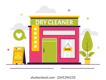 Dry Cleaning Store Service Vector Illustration featuring Washing Machines, Dryers, and Laundry Services for Clean and Fresh Clothing in a Background