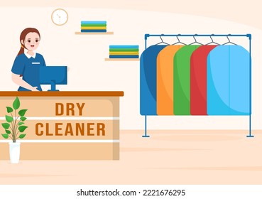 Dry Cleaning Store Service with Washing Machines, Dryers and Laundry for Clean Clothing in Flat Cartoon Hand Drawn Templates Illustration