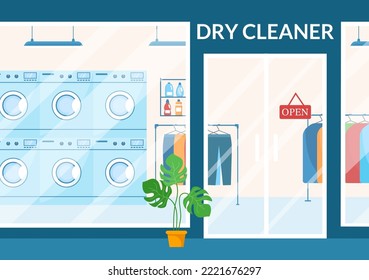 Dry Cleaning Store Service with Washing Machines, Dryers and Laundry for Clean Clothing in Flat Cartoon Hand Drawn Templates Illustration