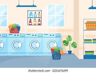 Dry Cleaning Store Service with Washing Machines, Dryers and Laundry for Clean Clothing in Flat Cartoon Hand Drawn Templates Illustration