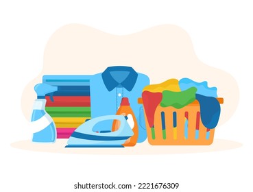 Dry Cleaning Store Service with Washing Machines, Dryers and Laundry for Clean Clothing in Flat Cartoon Hand Drawn Templates Illustration