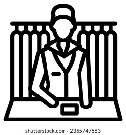 Dry cleaning worker behind pick up counter line icon, dry cleaning concept, reception vector sign on white background, outline style icon for mobile concept and web design. Vector graphics