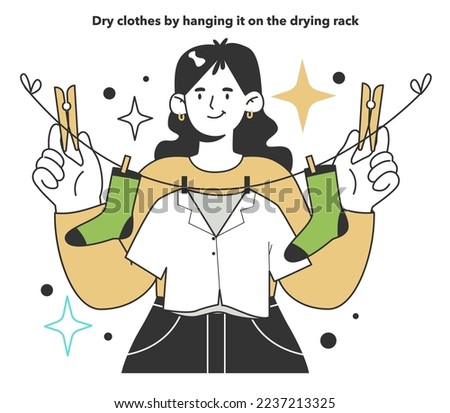 Dry clothes by hanging it on the drying rack for energy efficiency at home. Electricity consumption expenses. Inflation or economic recession effect. Flat vector illustration