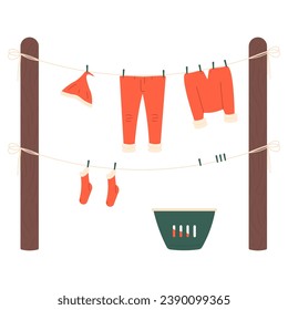 
Dry the clothes of Santa on ropes. Christmas Santa’s Clothing for festive decoration. Flat vector illustration.