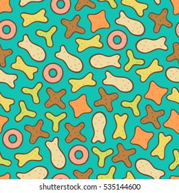 Dry colored pet food. Seamless vector hand drawn pattern.