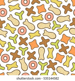 Dry Colored Pet Food In White Background. Seamless Vector Hand Drawing Pattern.