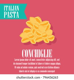 dry conchiglie pasta banner for italian pasta cuisine . vector illustration