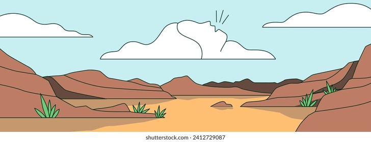Dry cough concept. Desert and dry air. Horizontal banner in minimalistic flat line art style. Vector illustration. Cough remedies. Dry climate, dry weather, drought. Desert landscape with golden sand 