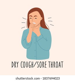 Dry cough,sore throat 2019-nCoV covid-19 symptoms. Sick young infected woman. 