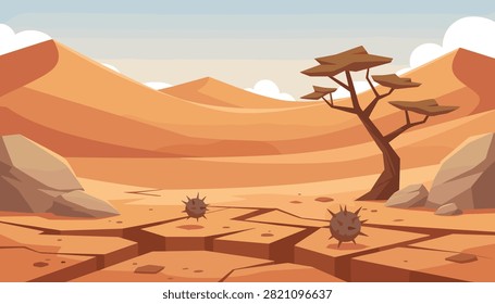 Dry cracked desert landscape features deep ground fissures, dry tumbleweeds, and a lone acacia tree under a pale sky.