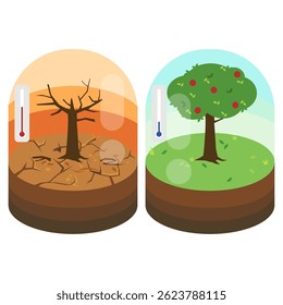 Dry cracked earth and green grass with tree on the background of blue sky