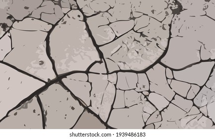 Dry cracked gray earth. Soil during the drought season. Background close up. The texture of the desert. Vector illustration.