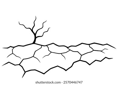 
Dry cracked ground with sharp soil with dead tree black and white vector silhouette 
