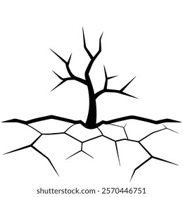 
Dry cracked ground with sharp soil with dead tree black and white vector silhouette 
