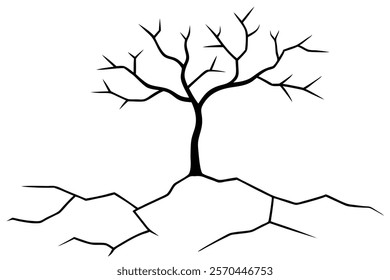 
Dry cracked ground with sharp soil with dead tree black and white vector silhouette 
