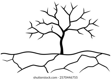 
Dry cracked ground with sharp soil with dead tree black and white vector silhouette 
