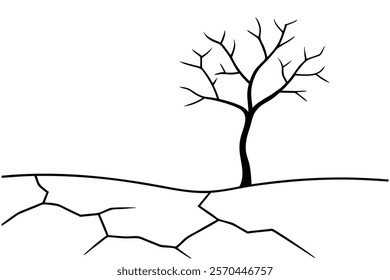 
Dry cracked ground with sharp soil with dead tree black and white vector silhouette 
