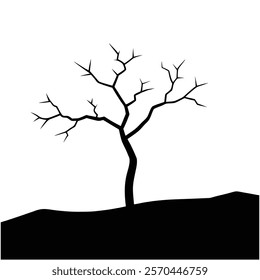 
Dry cracked ground with sharp soil with dead tree black and white vector silhouette 
