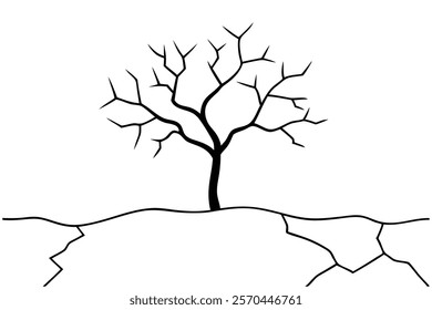 
Dry cracked ground with sharp soil with dead tree black and white vector silhouette 
