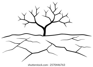 
Dry cracked ground with sharp soil with dead tree black and white vector silhouette 
