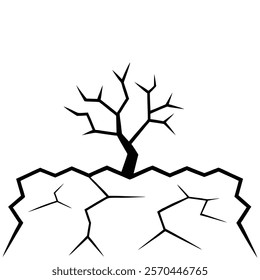 
Dry cracked ground with sharp soil with dead tree black and white vector silhouette 
