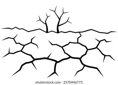 
Dry cracked ground with sharp soil with dead tree black and white vector silhouette 
