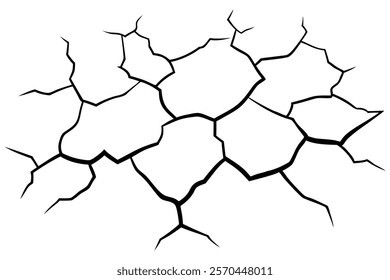 Dry cracked ground Surface crack sharp soil Broken glass effect Structure of cracks, Breaks land texture earthquake scratches isolated black and white vector silhouette 
