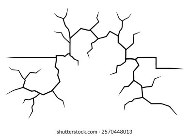 Dry cracked ground Surface crack sharp soil Broken glass effect Structure of cracks, Breaks land texture earthquake scratches isolated black and white vector silhouette 
