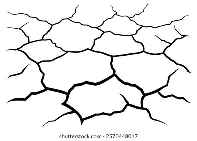 Dry cracked ground Surface crack sharp soil Broken glass effect Structure of cracks, Breaks land texture earthquake scratches isolated black and white vector silhouette 
