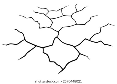 Dry cracked ground Surface crack sharp soil Broken glass effect Structure of cracks, Breaks land texture earthquake scratches isolated black and white vector silhouette 
