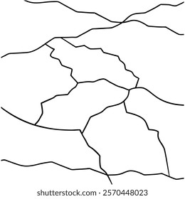 Dry cracked ground Surface crack sharp soil Broken glass effect Structure of cracks, Breaks land texture earthquake scratches isolated black and white vector silhouette 
