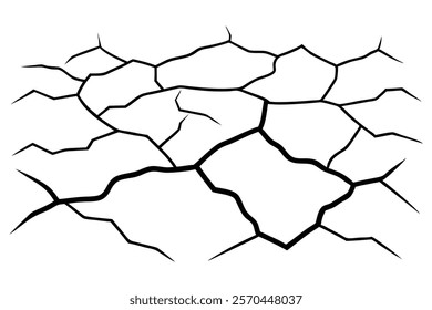 Dry cracked ground Surface crack sharp soil Broken glass effect Structure of cracks, Breaks land texture earthquake scratches isolated black and white vector silhouette 
