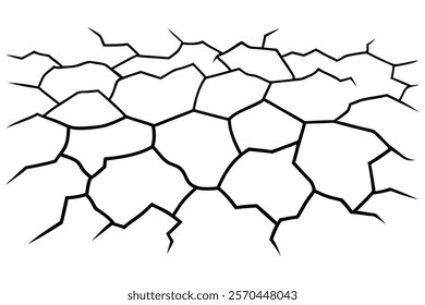 Dry cracked ground Surface crack sharp soil Broken glass effect Structure of cracks, Breaks land texture earthquake scratches isolated black and white vector silhouette 
