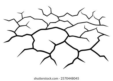 Dry cracked ground Surface crack sharp soil Broken glass effect Structure of cracks, Breaks land texture earthquake scratches isolated black and white vector silhouette 
